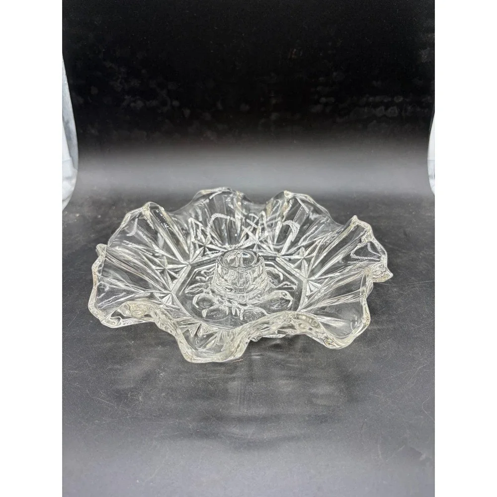 Vintage Clear Pressed Glass Ruffled Edge Candlestick Holder‎ Starburst Rose Base